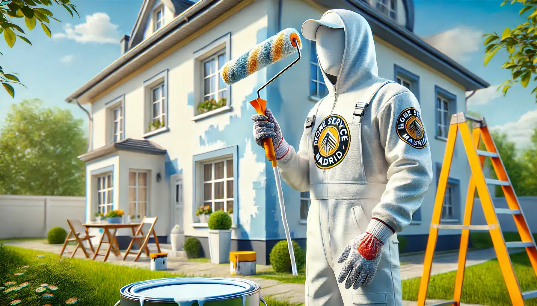 Pintores 1 DALL·E 2025 04 15 11.09.40 A realistic image of a person painting a house. The person is wearing a painters outfit including a white jumpsuit and gloves with a paint roller i Pintores