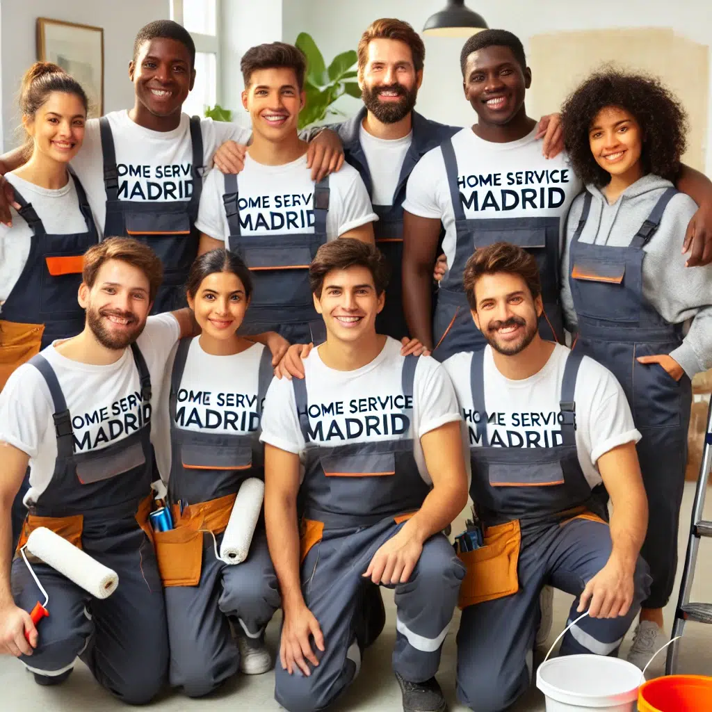 DALL·E 2025 04 17 18.50.36 A diverse team of house painters including Black White and Latinx individuals standing together and smiling at the camera. Each worker is wearing economico